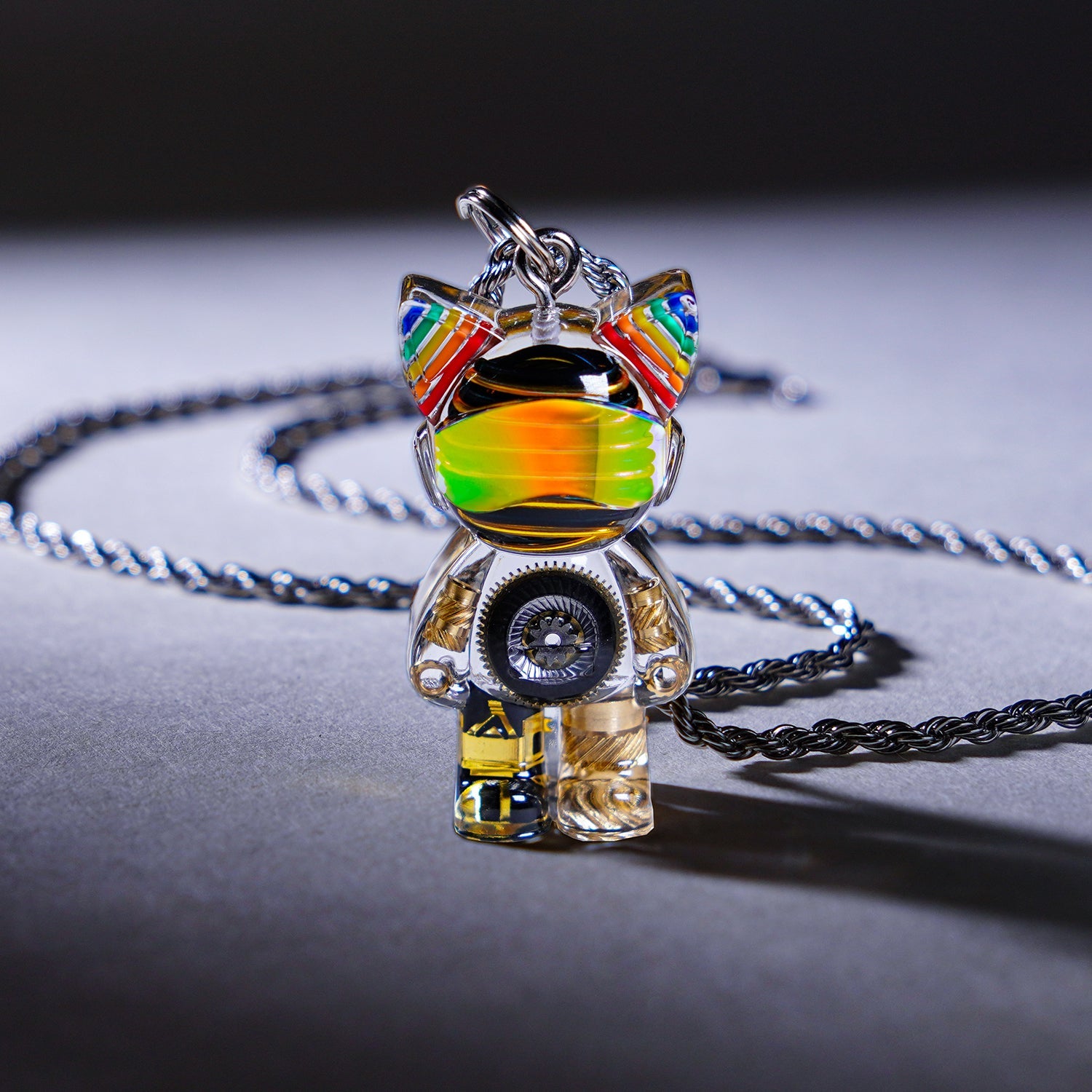 Cyberpunk Cat Necklace – Rainbow Circuit Board Design with Gear Accent - Cyberpunk Style