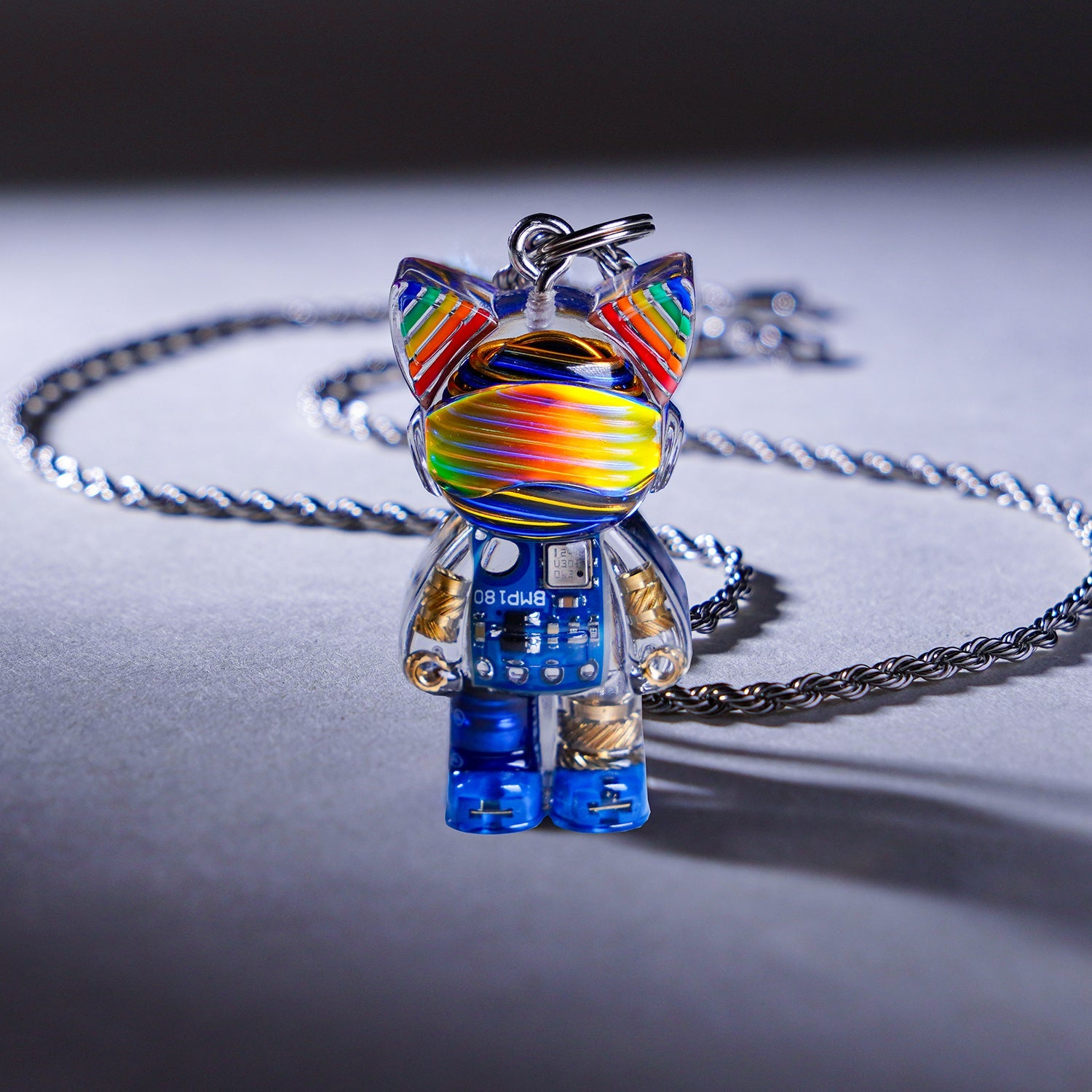 Cyberpunk Cat Necklace – Rainbow Circuit Board Design with Gear Accent - Cyberpunk Style