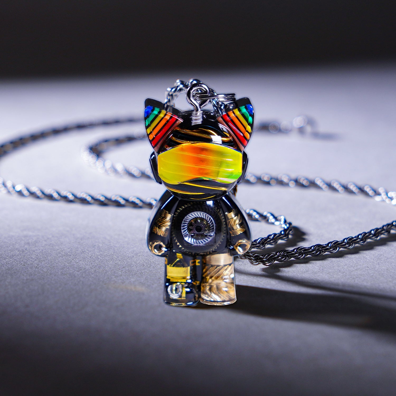 Cyberpunk Cat Necklace – Rainbow Circuit Board Design with Gear Accent - Cyberpunk Style