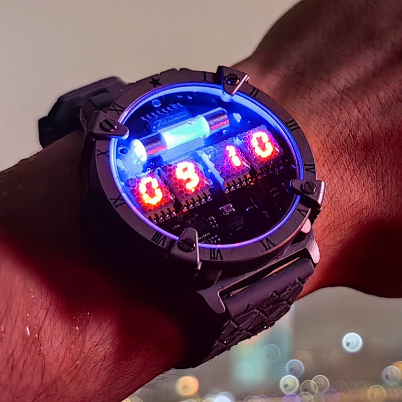 Cyberpunk Style Nixie Tube Watch, Titanium Alloy, Wireless Charging - Cyberpunk Style