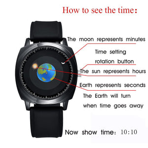 Earth Quartz Watch – Earth Dial, Solar Hour Hand, Moon Minute Hand, Futuristic Design - Cyberpunk Style