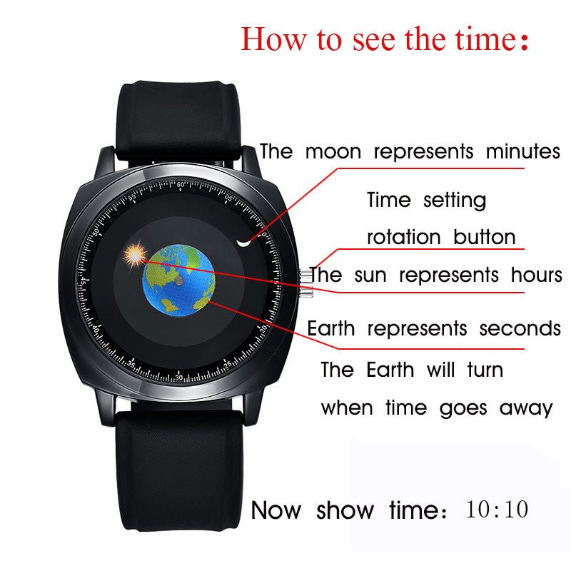 Earth Quartz Watch – Earth Dial, Solar Hour Hand, Moon Minute Hand, Futuristic Design - Cyberpunk Style