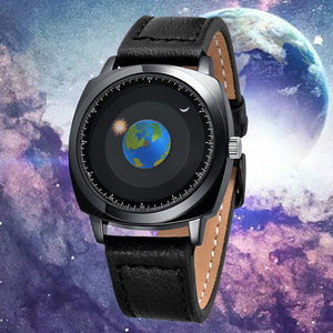 Earth Quartz Watch – Earth Dial, Solar Hour Hand, Moon Minute Hand, Futuristic Design - Cyberpunk Style