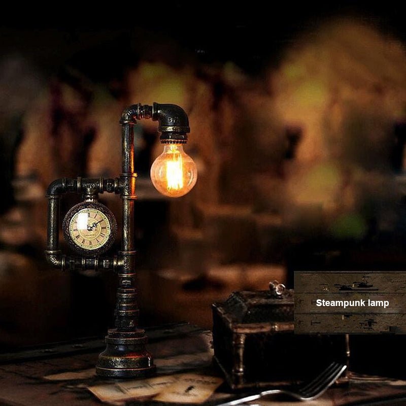 Steampunk Lamp – Vintage Pipe and Clock Design in Antique Copper - Cyberpunk Style