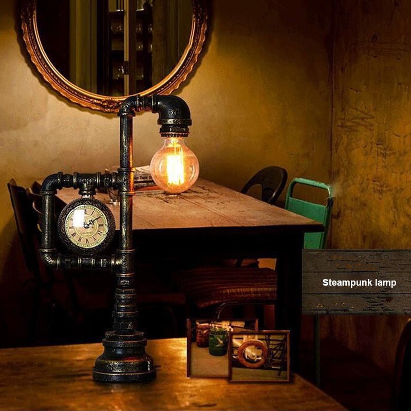 Steampunk Lamp – Vintage Pipe and Clock Design in Antique Copper - Cyberpunk Style