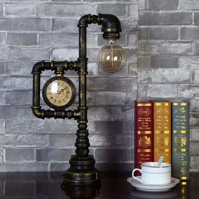 Steampunk Lamp – Vintage Pipe and Clock Design in Antique Copper - Cyberpunk Style