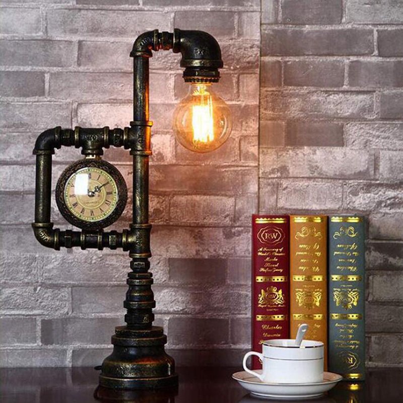 Steampunk Lamp – Vintage Pipe and Clock Design in Antique Copper - Cyberpunk Style