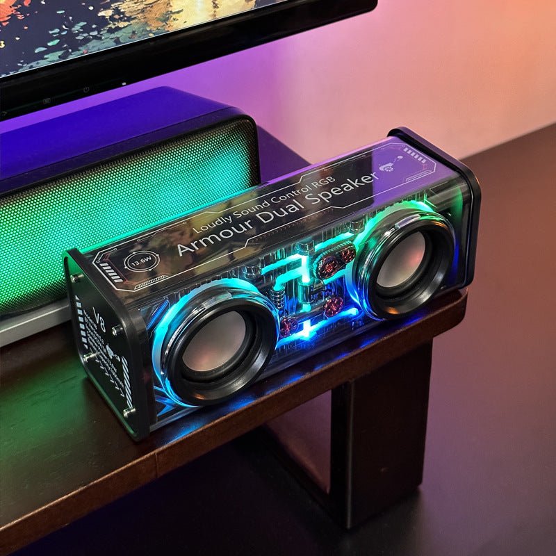 Transparent Mecha Bluetooth Speaker – RGB Lights, Dual Bass, Cyberpunk Style - Cyberpunk Style